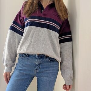 Vintage Skater Striped Collared Button Up Henley Pullover In Gray/Purple/Navy